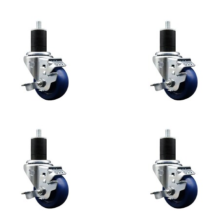 Service Caster 3'' Solid Poly Swivel 1-3/4'' Expanding Stem Caster Set with Brake, 4PK SCC-EX20S314-SPUS-TLB-134-4